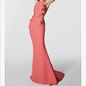 Pronovias pink racer neck with beading detail gown